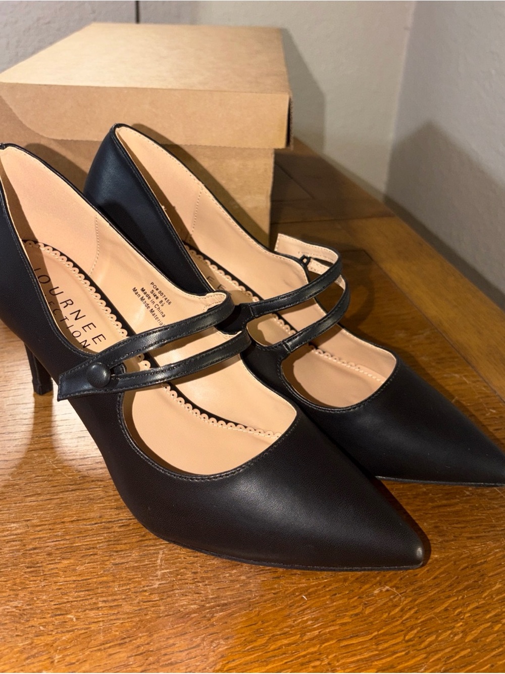 Journee Collection Black Pointed Mary Jane Heels with Dual Straps